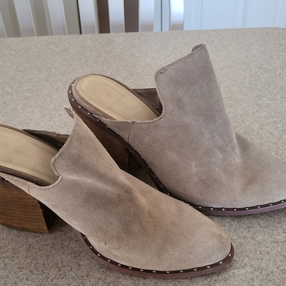 Chinese Laundry Taupe Suede Mules